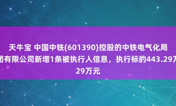 天牛宝 中国中铁(601390)控股的中铁电气化局集团有限公司新增1条被执行人信息，执行标的443.29万元